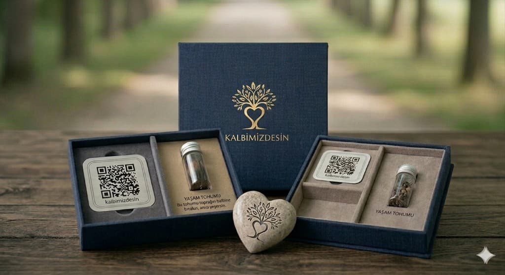 Kalbimizdesin anıt paketi: lacivert hediye kutusu, QR plakası, yaşam tohumu ve hatıra taşı